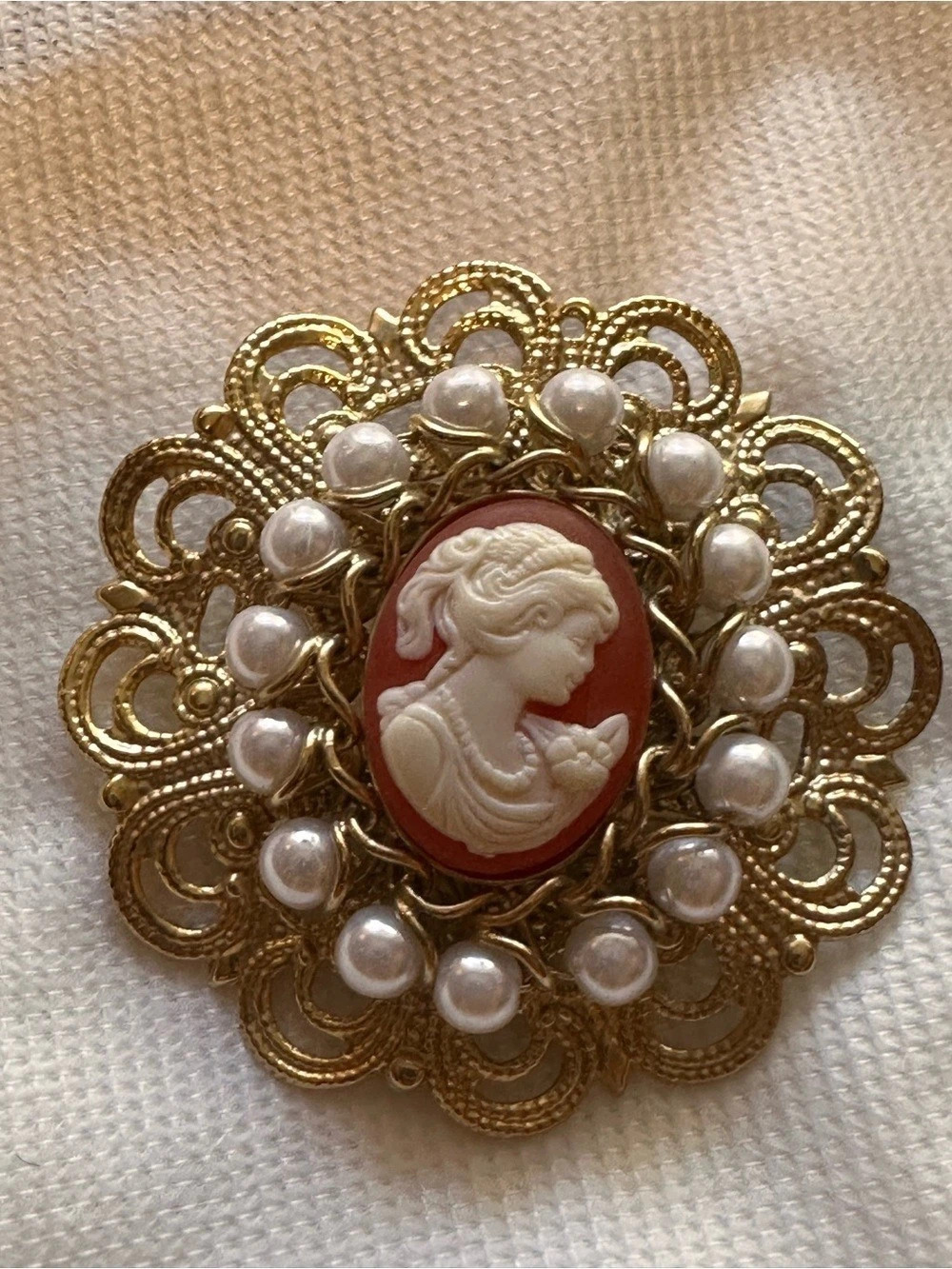 Gold-Tone Cameo Pearl Brooch